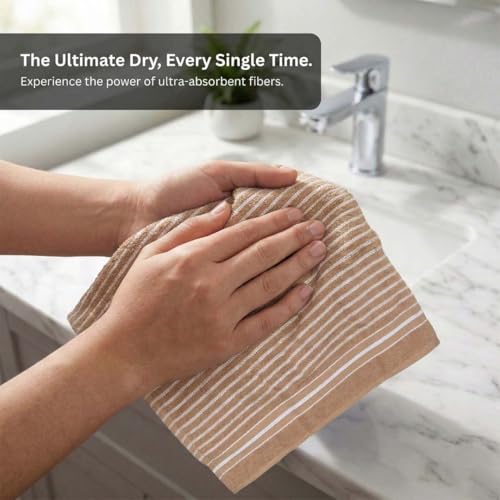 Image of Athom Living Premium Hand Towels- Cotton, 400 GSM, Ultra Soft, Quick Dry, Highly Absorbent | for Hand, Kitchen and Gym | 60 * 40 cm, Pack of 4 (Beige and White with Brown Stripes)