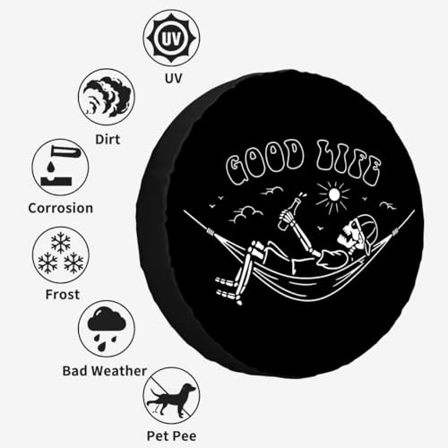Image of Skeleton in Hammock Spare Tire Cover Beautiful Life White Black Background Wheel Covers for RV Tires Camper Tire Case Protectors for Trailer Rv SUV Truck Travel Trailer 17 in