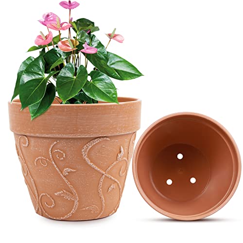 Pots for Plants,8 Inch Planters for Indoor Plants Carved Pattern Planters with Drainage Holes , Flower Pots Outdoor Garden Planters (Red Pottery 8in)