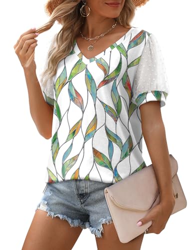 Image of Aokosor Womens Summer Tops V Neck T Shirts Swiss Dot Puff Sleeve Tops Loose Casual Tshirts