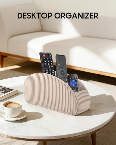 Image of SITHON Remote Control Holder with 5 Compartments - PU Leather Remote Caddy Desktop Organizer Store TV, DVD, Blu-Ray, Media Player, Heater Controllers, Stripe Latte