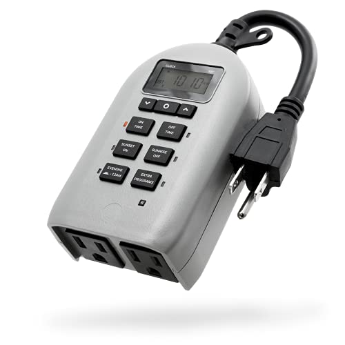 UltraPro Daysmart 7-Day Digital Timer, Plug-in, 2 Grounded Outlets, Simple Setup, Daily Settings, Sunrise to Sunset, Ideal for Indoor, Outdoor, LED, Landscape, Seasonal Lighting, 40956, Gray