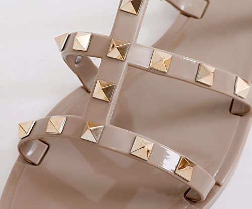 Omgard SHOES-FLAT-LT-FF05-BEIGE-41 2 Jelly Shoes For Women Size 9.5, Nude Studded Jellies Flat Sandals Summer Beach Rivets Strappy Slide Slip On thumb #4