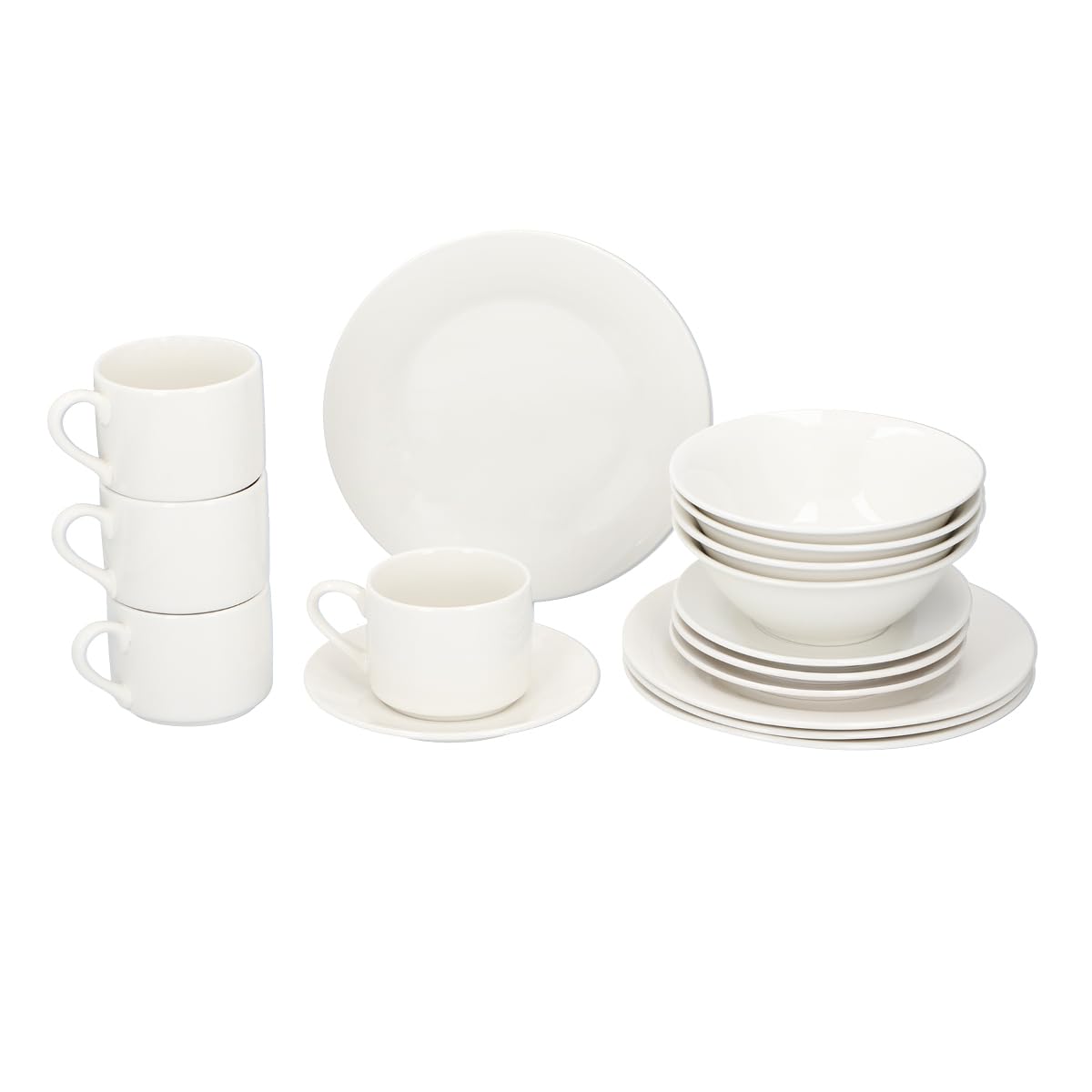 alpina Assiettes Service de Table 4 Personnes - Service d'Assiettes et Bols en Faïence - Assiettes Plates, Bols et Tasse a Cafe - Passe au Micro-​Ondes et au Lave-​Vaisselle - Blanc