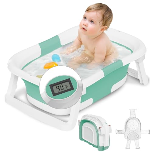 Image of napei Collapsible Baby Bathtub,Baby Bath Tub with Soft Cushion & Thermometer,Baby Bathtub Newborn to Toddler 0-36 Months,Portable Travel Baby Tub