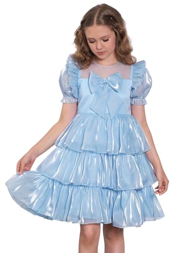 Image of Tagas Girls Dress | Premium Jimmy Choo Fabric Look | Light Sky Blue Layered Frock with Bow | Birthday, Wedding & Festive Dress for Kids (Ages 1 9 Years)| Knee Length