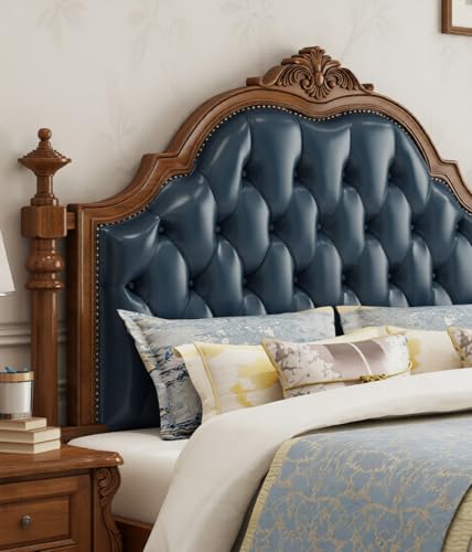 Image of Wooden Bed, American Classic Style, Blue Tufted Leather Headboard with Carved Wood Frame