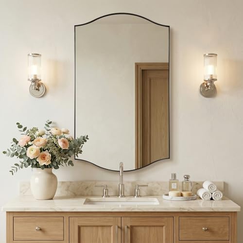 Image of ANDY STAR Rectangle Scalloped Mirror, 24 inchx40 inch Brushed Nickel Bathroom Mirror in SUS304 Stainless Steel Metal Frame, Silver Vanity Mirror with Unique Arched Top Design