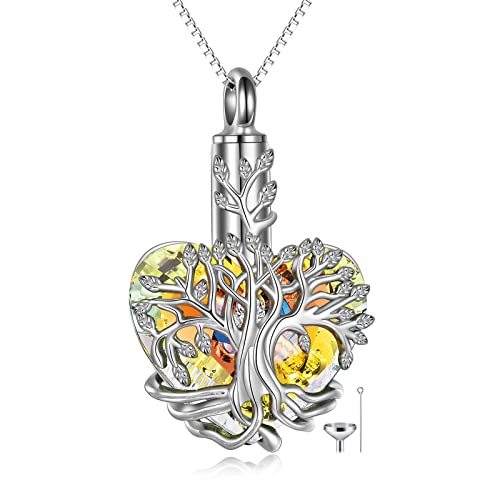 YFN Tree of Life Urn Necklace for Ashes Heart Cremation Jewelry Sterling Silver with Blue Crystal with Funnel Filler Jewelry Gifts for Women
