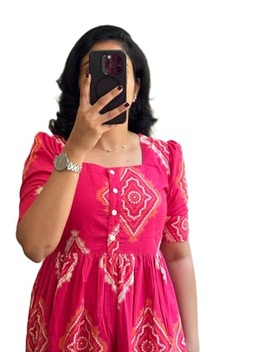 Women's Rayon Bandhani Print Midi Kurta, Magenta Pink, Square Neckline, Short Puff Sleeves, Traditional Block Print, Tiered A-Line Style (in, Alpha, 2XL, Regular, New_Pink_Dress)