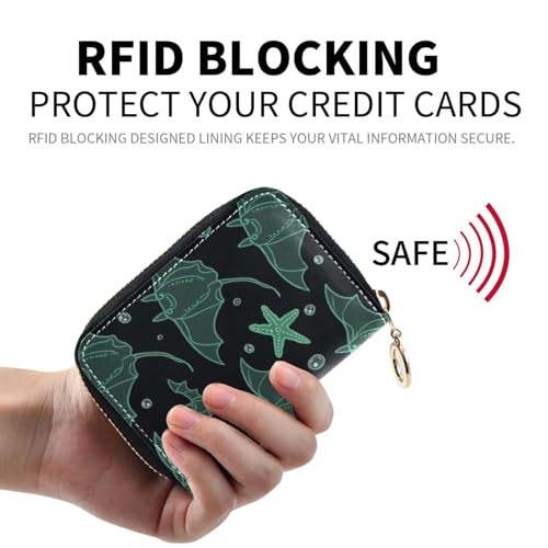 Childish Animal Manta Ray Fish Black Green leather card case wallet women With 9 cards slot RFID Blocking credit card holder with zipper2