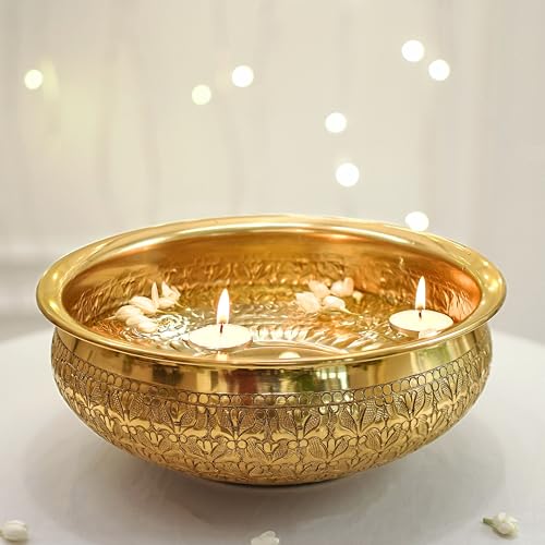 BEHOMA Classic Golden Aluminium Chitai Design 10" inch Urli Indoor Center Table Flower Decorative Bowl for Home Décor | Perfect for Mandap, Haldi, Mehendi, Reception & Entrance Decoration | 1Pc,1000ML