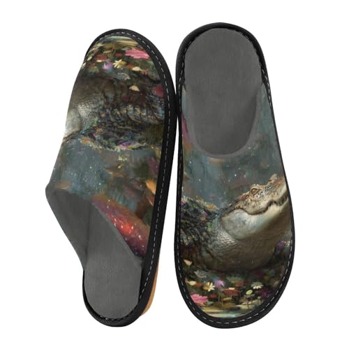 Slippers for Women Alligator in Magical Forest Soft Fuzzy Women's Slippers Indoor and Outdoor Shoes
