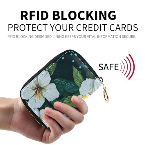 White Hibiscus Flower and Leaves Pattern Credit Card Holder Case Leather Printed Zipper ID Card Case Wallet Small RIFD Blocking Wallet for Women Girls2