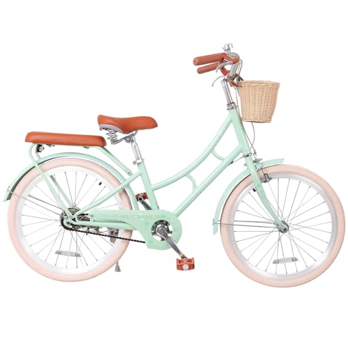 ZALUWUK 22 Inch Girls Beach Cruiser Bike, Low-Step Steel Frame, with Front Basket & Rear Seat, Suitable for Riders 4'8"-5'4", 8+ Years Old,(Green)