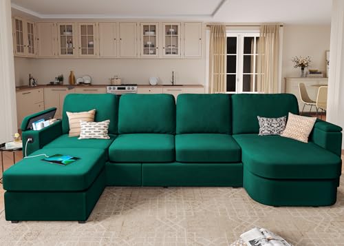 Image of SEDETA 120 inch U Shaped Couch, Sectional Sofa Couch with Storage Seat, Velvet Convertible Sofa with Reversible Chaises, Sectional Couches with Ottomans for Living Room, Green
