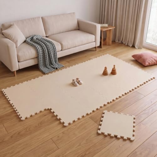 LittleTom Spielmatte Baby Puzzlematte ab 0 Monate – 18 Teile 30x30 cm Krabbel- & Bodenmatte für Kinderzimmer & Outdoor - Kinder Matte beige 180x90 cm – Eva Schaumstoff Teppich Isomatte BPA-frei