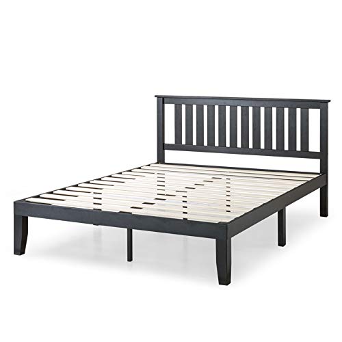 Mellow Marley 14 Inch Solid Wood Platform Bed with Paneled Headboard, Ebony Black, Queen