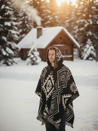 Image of Wool Poncho Adult Ponchos With Hood for men Alpaca Poncho Men Artesanal Ponchos Adult Alpaca Mens Panchos
