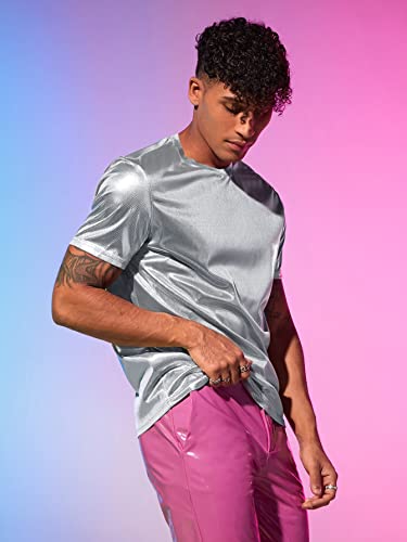 WDIRARA Men's Metallic Round Neck Short Sleeve Tee Party T Shirt Top3