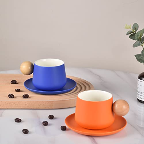 Koythin Ceramic Coffee Mug With Saucer Set, Cute Creative Cup With Round Wooden Handle Design For Office And Home, 10 Oz/300 Ml For Latte Tea Milk (Bright Blue) #TOP4