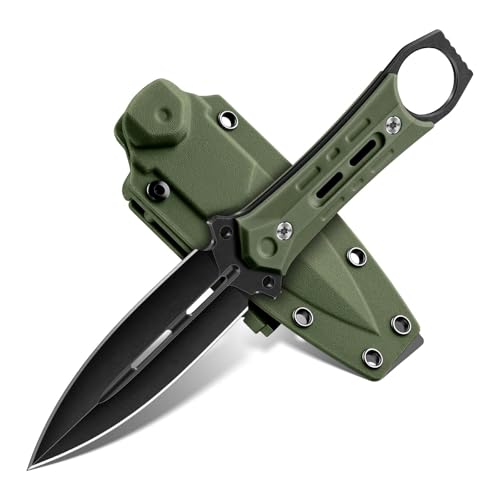 Freelander Fixed Blade Knife with Sheath - D2 Steel Camping Knife with Anti-Slip Grip, Full Tang Survival Knives for Bushcraft & Outdoor Adventures, Gift for Men Green