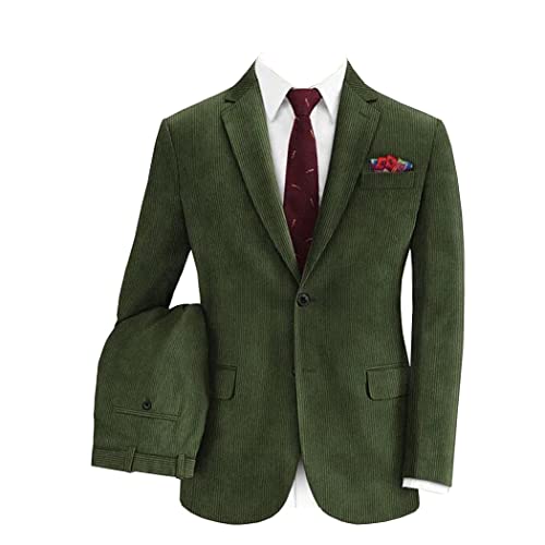 Men Corduroy Suit 2 Pieces Notch Lapel Two Button Green Tuxedo Prom Casual Blazer Pants