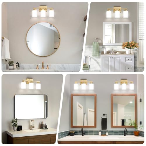 Image of FonmYim Gold Bathroom Light Fixtures, 3-Light Modern Vanity Light Over Mirror, Wall Sconces with Milky White Frosted Glass Shades, E26 Socket (Bulbs Not Included)