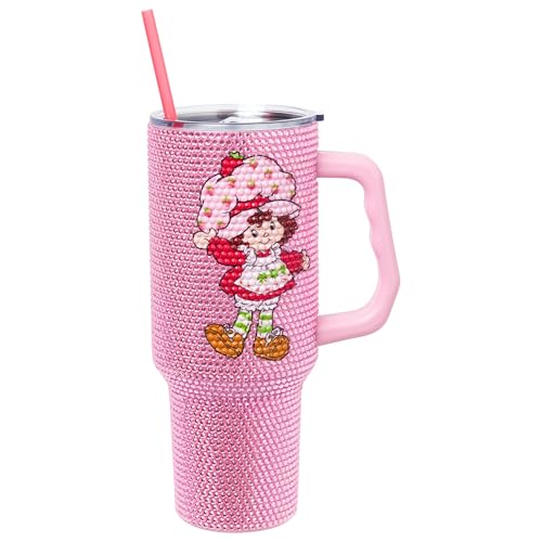 Image of Silver Buffalo Strawberry Shortcake StainlessSteel Rhinestone Tumbler, 40oz | Blueberry Muffin, Collage, 1.2 Liters, Pink, Double-Walled, Handle, Straw, Straw Cap