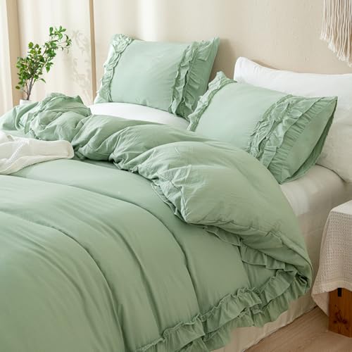 Bedorm Salbeigrün Rüschen-Bettbezug, Queen-Size-Bettwäsche-Set, plissierte Spitze, Rüschen, Shabby-Chic-Stil, Schlafzimmer-Dekor, extra weich, gemütlich, Landhausstil, Bettbezug-Sets