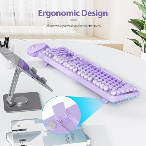 Image of Fogruaden Purple Retro Typewriter Keyboard and Mouse Wireless, 2.4GHz Office Full-Sized Colorful Computer Keyboard with Number Pad and Cute Mouse for Windows PC Desktops Laptop