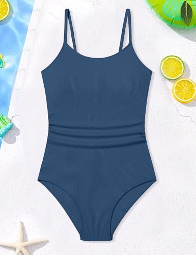 Image of Qaoerde Girls Swimsuit One Piece Swimsuits Cutout Ruched Bathing Suits Adjustable Straps Tie Girls' Swimwear 9-16Y
