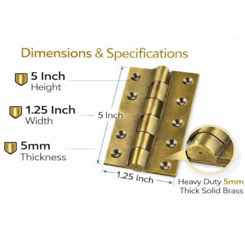 Image of Super Brass Hinges 5 inch | 5 inch x 1.1 /4 x 3 /16 Brass Antique Railway Smooth Hinges (Soft Close) (Pack of 3)