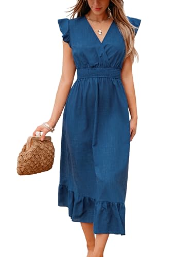 Image of CUPSHE Women's Summer Casual Maxi Dress V Neck Short Flutter Sleeve Ruffled Flowy Long Dresses