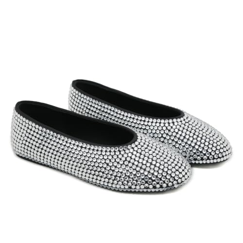 STUPMARY Women Flats Shoes Round Toe Slip On Studded Crystal Casual Driving Comfort Ballet Dance Shoes