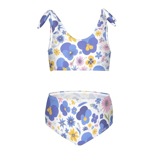 KLL Garden Tricolor Pansy Flower Girls Two Piece Bikini Sets Scoop Neck Beach Swimsuit Bathing Suit