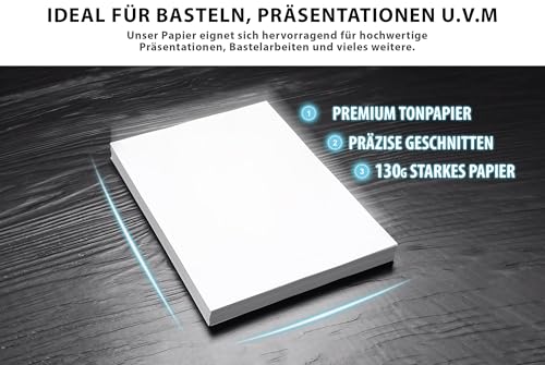 250 BLATT weißes Tonzeichenpapier 130g/m² - PREMIUM PAPIER Reinweiß - DIN A4-21 x 29,7 cm - Druckerpapier Weiss unbedruckt für Fotografie, Präsentationen, Basteln, FOTOKARTON, Karton - MADE IN GERMANY