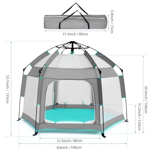 Baby Playpen with Canopy, Portable Baby Beach Tent, Toddler Play Yard Indoor and Outdoor, Foldable Mosquito Net for Infant - Grey - Image 3