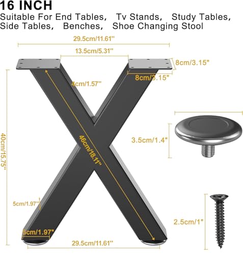 Image of 16'' Metal Table Legs, Sturdy Black Bench Legs, Suitable for DIY Coffee Tables, Dining Tables, Desks, and Benches - W30cm x H40cm, Pack of 2 (16''X-Type)