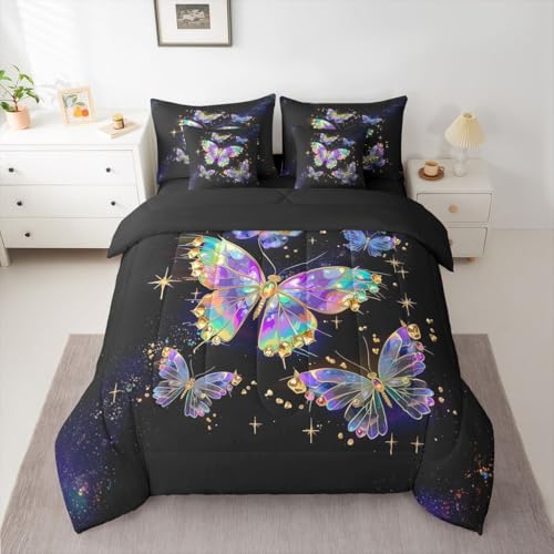 Image of Flying Butterflies 7 Pieces Bedding Set King Size,Starry Sky Galaxy Bed in a Bag,Colorful Rainbow Butterflies Bed Set Includes Comforter,Sheet Set,Pillowcases & Pillow Covers,Wildlife Bedroom Decor