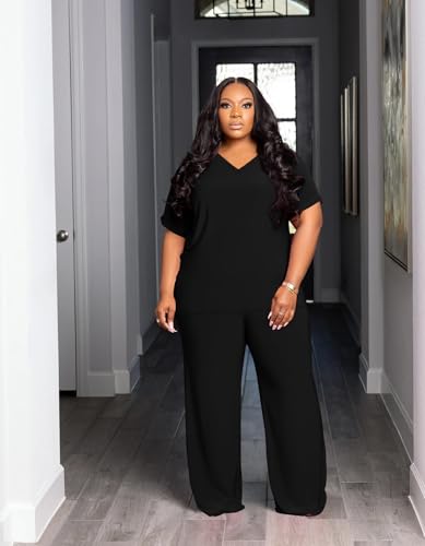 TOPSRANI Womens Plus Size Lounge Set V-Neck 2 Piece Outfits Sweatsuits Tracksuit Short Sleeve Baggy Wide Leg Pant Sets3