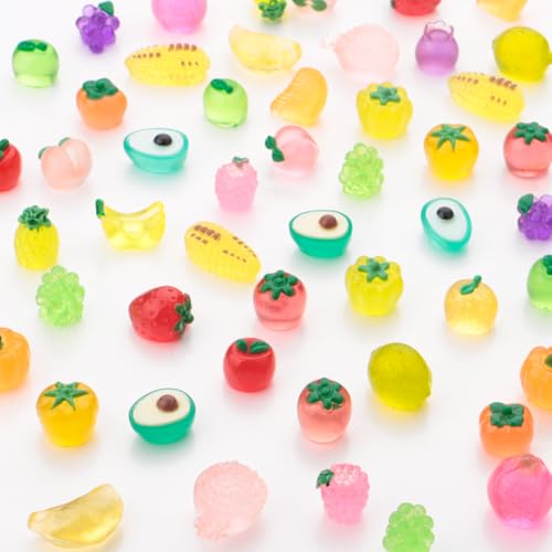 Aoocoeo 50pcs Mini Resin Fruits Figures Glow in The Dark Colorful Tiny Accessories Decorations for Crafts Dollhouses Fairy Gardens (Fruits)