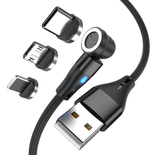 Knocery Cable de Carga Magnético 2M, Cargador Magnetico 3 en 1 USB C, Micro USB, iProducts, Cable Carga Rápida y Transferencia de Datos Diseño Giratorio 360° y 180°
