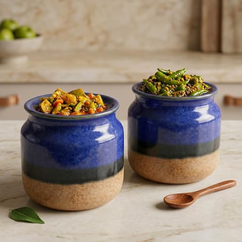Image of The Earth Store Rustic Blue Ceramic Jar Set of 2 (800ML) kitchen storage containers, airtight jars for kitchen, Ideal for Spices, Sugar, Cookies & Pickle Storage