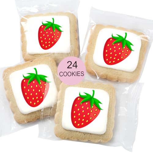 Image of Strawberry Cookies Theme Party Favors Strawberries | Individually Wrapped 24 Pack Themed Cookies | Birthday Baby Shower Spring Summer Fruit Kids Adults Treats Berries