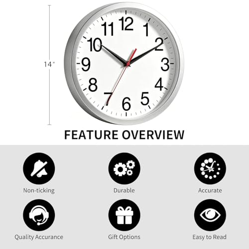 Image of Rohioue 14 Inch Wall Clock, Modern Battery Operated Wall Clocks, Silent Non Ticking Analog Clock for Bedroom, Kitchen, Bathroom, Office, Home, Living Room (Silver)