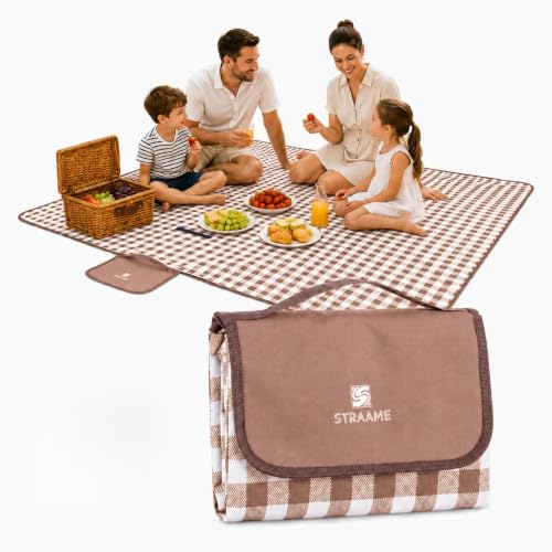 Straame Picnic Blanket Waterproof 200x140cm Large Foldable Polyester Picnic Mat with Carry Handle Machine Washable Gingham Beach Blanket for Camping Garden Festivals Travel (Brown)