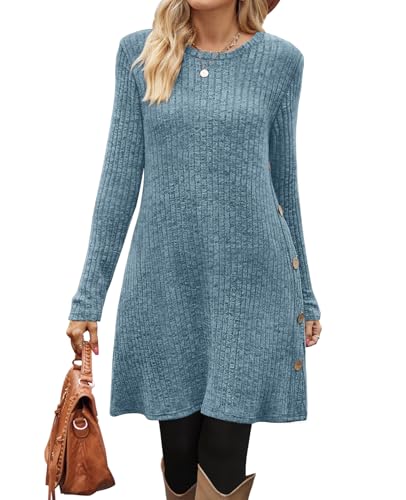 OFEEFAN Long Sleeve Dress for Women Tunic Sweater Dresses Fall Dresses 2025 Blue S3