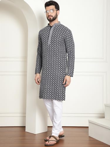 Image of SOJANYA (Since 1958 Men's Cotton Gold Embroidered Sequinned Kurta With white churidar Pyjama