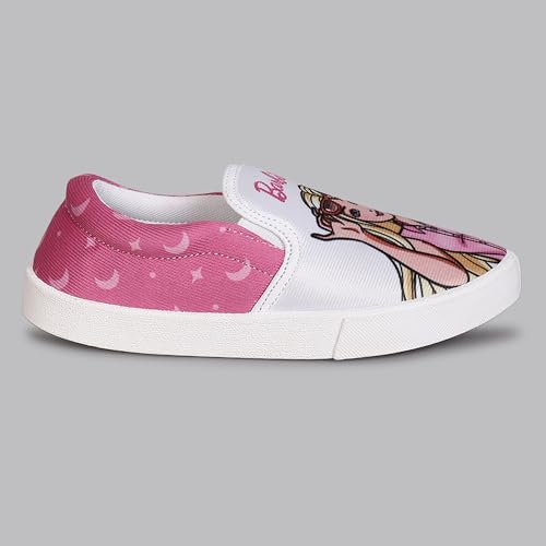 Image of Kidsville Official Barbie Printed Kids Girls Canvas Shoes - White | Lightweight Sole, Super Flexible, Comfortable Indoor and Outdoor Slip On Lofer Shoes for Kids